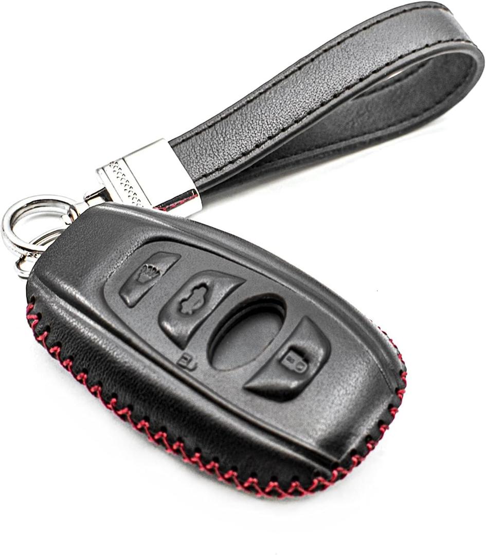 INFIPAR Fit for Subaru WRX BRZ Ascent Forester Crosstrek Legacy Outback Impreza XV WRX STI XV Crosstrek Genuine Leather Smart Key Fob Case Cover Keyless Entry Protector (5-Button, Black/Red)