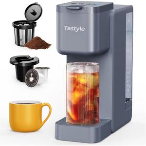 Tastyle Single Serve Hot & Iced Coffee Maker with Strong Brew, 40oz Removable Reservoir, 6 Brew Sizes, Compatible with K Cup and Grounds, Compact for Home, Office, RV and Dorm, Gray (2.0 Version)