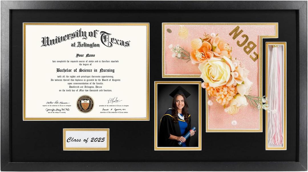 GraduationMall Class of 2025 Graduation Shadow Box Frame for 8.5x11 Diploma & 4x6 Photo with Graduation Cap & Tassel Holder Wood Display Case (15x27-Black Mat)