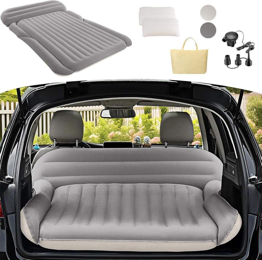 KMZ SUV Air Mattress Thickened Double Flocking Camping Mattress Upgraded Portable Sleeping Car pad Comfortable Inflatable Travel Bed with External Pump and 2 PillowsOff-White and Light Gray, Full