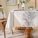 Laolitou Spring Table Cloth Rectangle Table, Embroidery Heavy Duty Cotton Linen Tablecloth, Farmhouse Rustic Waterproof Wrinkle Free Tablecloths with Tassels, Blue Fern, 5575 Inch