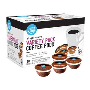 Amazon Brand - Happy Belly Variety Pack Compostable Coffee Pods, Compatible with K-Cup Brewer (Breakfast Blend, Dark/ Medium/ French Roast) 96 count (Pack of 1). BB Date 03-08-27
