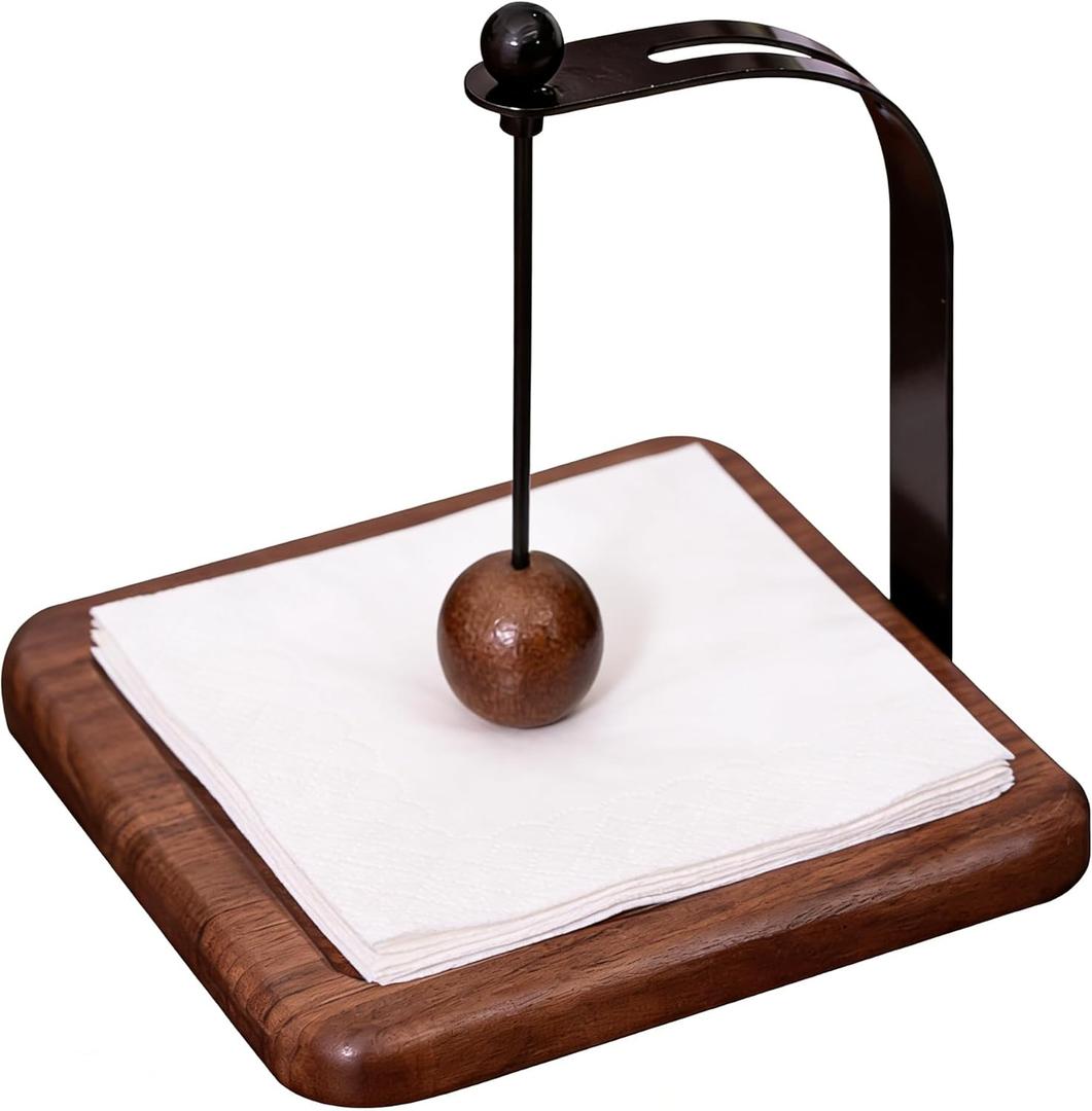 Napkin Holder for Table, Walnut Wood Napkin Holder for Kitchen Restaurant Bar Office Parties Home Dcor Hotel Cafe, Elegant Wooden Square for Table Dispenser with Weighted Arm, Windproof