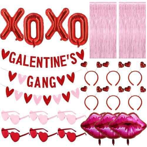 Galentines Day Party Decorations, Galentine’s Day Decor with 1 Galentine’s Gang Banner,6 Heart Glasses (3 Red - 3 Pink),6 Heart Headbands, 3 Kiss Lips and 1 “XOXO” Balloons,2 Pink Curtains Backdrop
