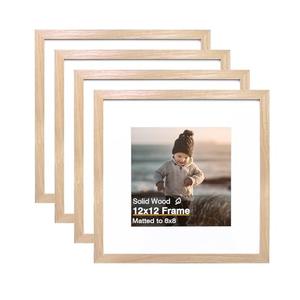 KINLINK 12x12 Picture Frames, Square Natural Wood Frames with Acrylic Plexiglass for Pictures 8x8 With Mat, Wall Mounting Display, Set of 4