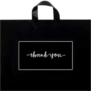Thank You Merchandise Bags 50Pcs 12x15In Extra Thick 3.15Mil Retail Shopping Bags - Reusable Plastic Bags with Soft Loop Handle for Goodie Bags, Party, Stores, Boutique, Clothes (Black)