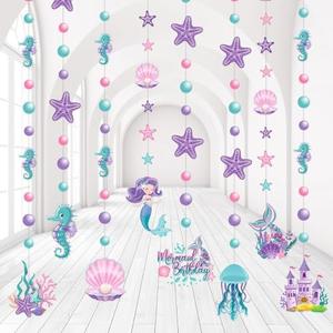 Cindeer 8 Pcs Mermaid Birthday Party Decorations Summer Under The Sea Garlands Ocean Castle Hanging Banner Pearl Jellyfish Starfish Ceiling Streamers for Kids Girls Baby Shower Wedding Party Supplies