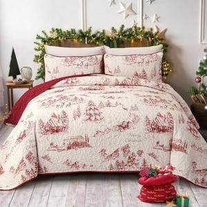 WONGS BEDDING Christmas Quilt Set Queen Size, Red Hand-Painted Imagery Bedspread Coverlet Set with Christmas Tree, Soft Lightweight Microfiber All Season Bedding Set(94x108")