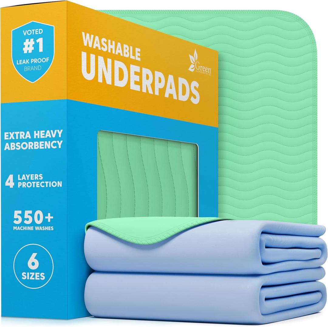 GREEN LIFESTYLE Washable Underpads - Heavy Absorbency Reusable Bedwetting Incontinence Pads for Kids, Adults, Elderly, and Pets - Toddler Mattress Pads for Bed, Sofa, Floor (Pack of 2 - 48x48)