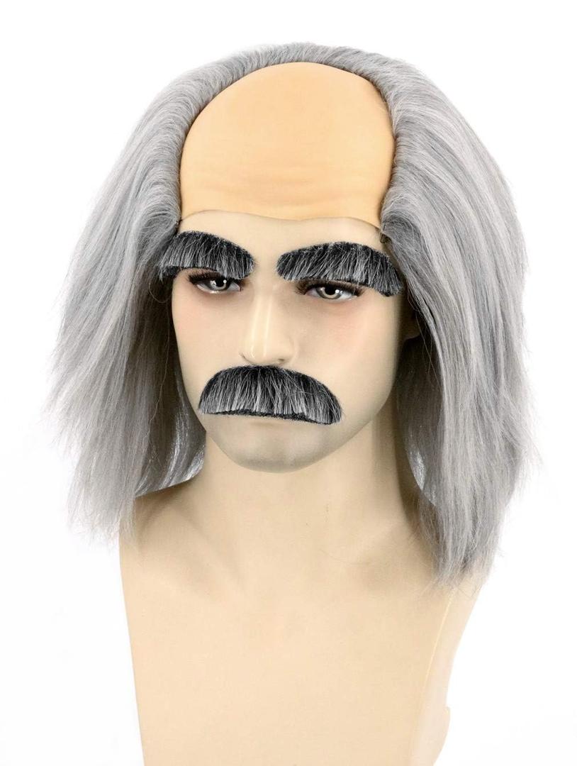 Mad Scientist Wig Old Man Wigs Halloween Costume Bald Wigs With Moustache Eyebrows (Gray-171/1001A)