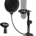 BILIONE Multifunctional Desktop Microphone Stand, Adjustable Mic Stand Desk with Pop Filter, Shock Mount, Microphone Clip, 5/8" to 3/8" Metal Screw Adapter (Round Base)