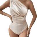 OYOANGLE Women's Ruched One Shoulder Sleeveless Slim Fit One Piece Bodysuit Tank Tops (Large, Apricot)