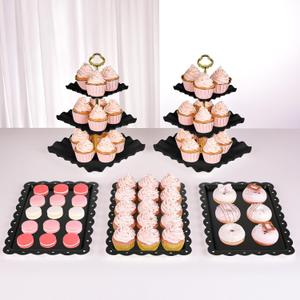 NWK 5 Piece Cake Stand Set with 2 x Large 3-Tier Cupcake Stands, 3 x Appetizer Trays, for Wedding Birthday Baby Shower Tea Party Decorations (Black)
