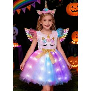 LED Light Unicorn Costume for Girl Birthday Decorations Halloween Christmas Party Outfit Princess Tutu Dress, Size 3-4T