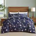 AIKASY Bed in a Bag Queen Comforter Set7 Pieces Floral Comforter Set Bedding Sets with (1 Comforter, 2 Pillow Shams, 1 Flat Sheet, 1 Fitted Sheet, 2 Pillowcases) (Navy, Queen)
