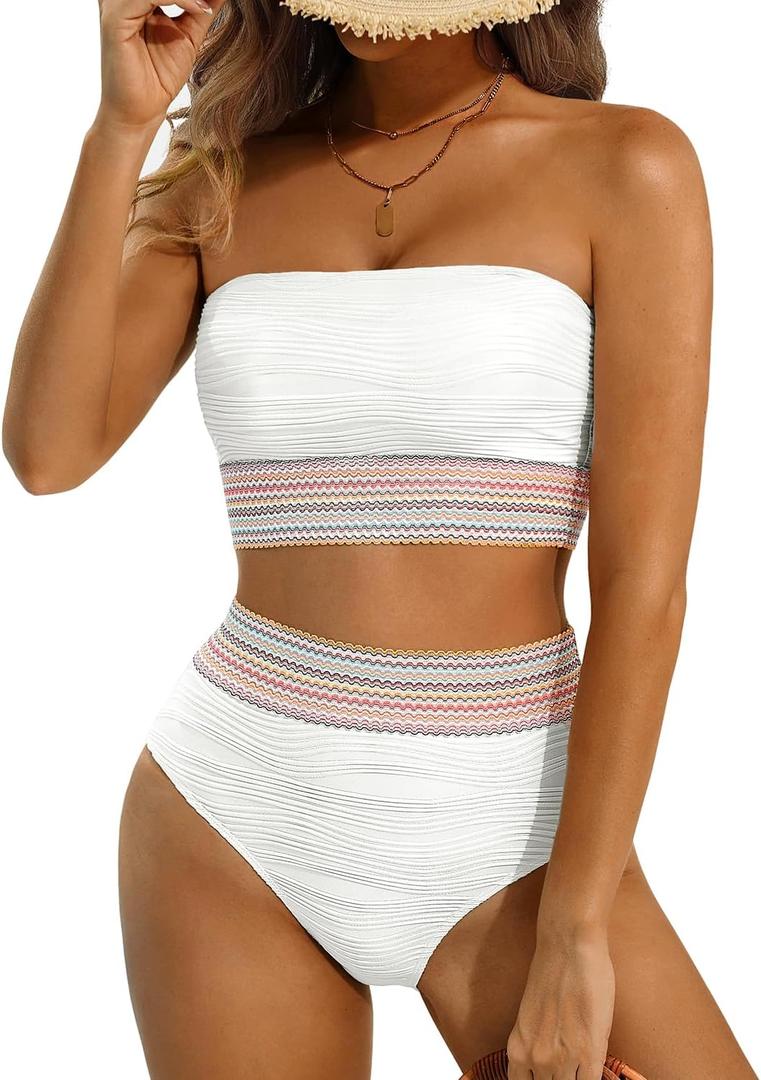 High Waisted Bandeau Bikini Set - Women Strapless Two Piece Swimsuits Ribbed Longline Full Coverage Bathing Suits Swimwear (Large, White)