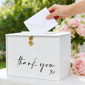 Super Large Card Box with Lock & Slot, White Elegant Thank-You x Wedding Card Boxes for Reception Cards Wishes Monetary Gifts, Big Envelope Box for Graduation Quinceanera Baby Bridal Shower