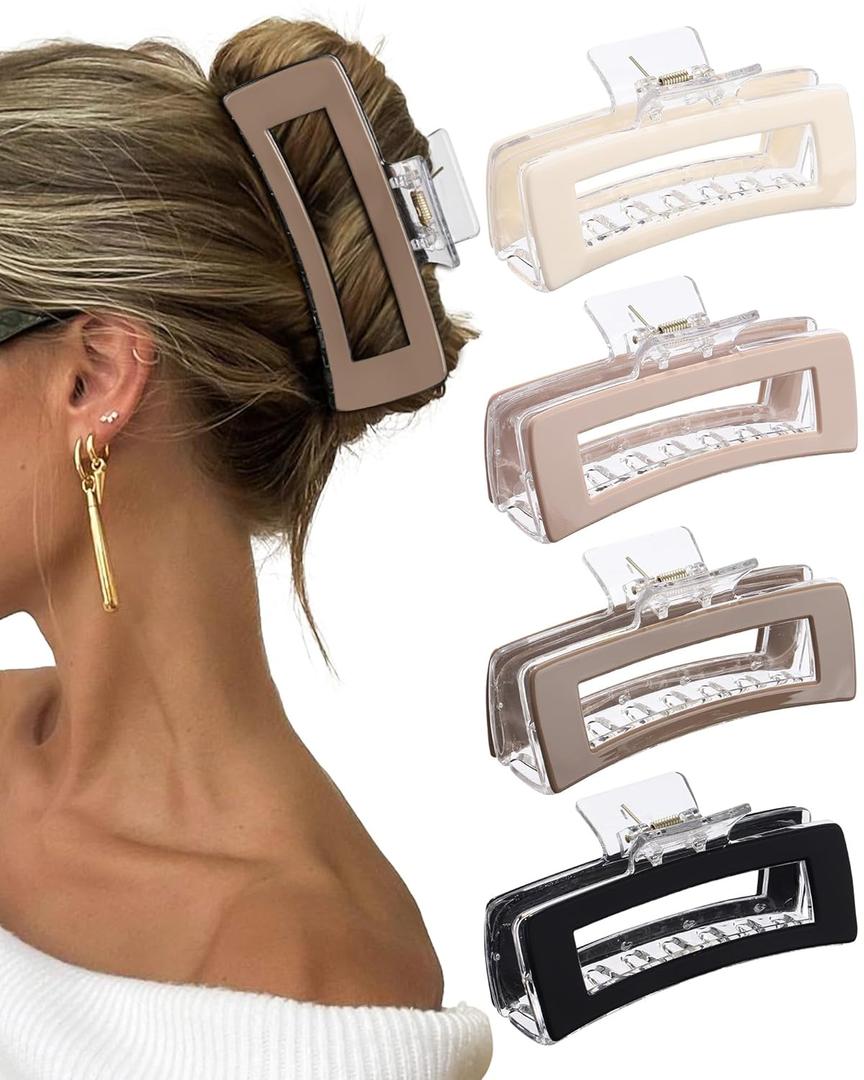 Molans 5Inch Large Hair Claw Clips 4 PCS for Women - Acrylic Hair Accessories for Thick Hair and Long Hair, Big Strong Durable Hair Applique, Oversized Non-slip Rectangle Butterfly Jaw Hair Clips (Rectangle-Solid Color)