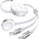 LISEN Retractable Apple watch Charger USB C Cable Fast Charging, 3 in 1 Charging Cable, Retractable Car Charger for Multiple Travel Devices for Apple Watch 10/9/8/Ultra 2, iPhone 16/15/14, Galaxy S25 (White)
