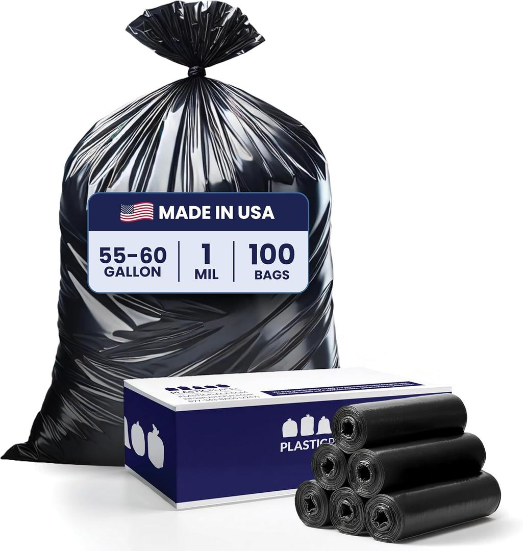 Plasticplace 55-60 Gallon Trash Bags 1.0 Mil Black Heavy Duty Garbage Can Liners 38 x 58 (100 Count)