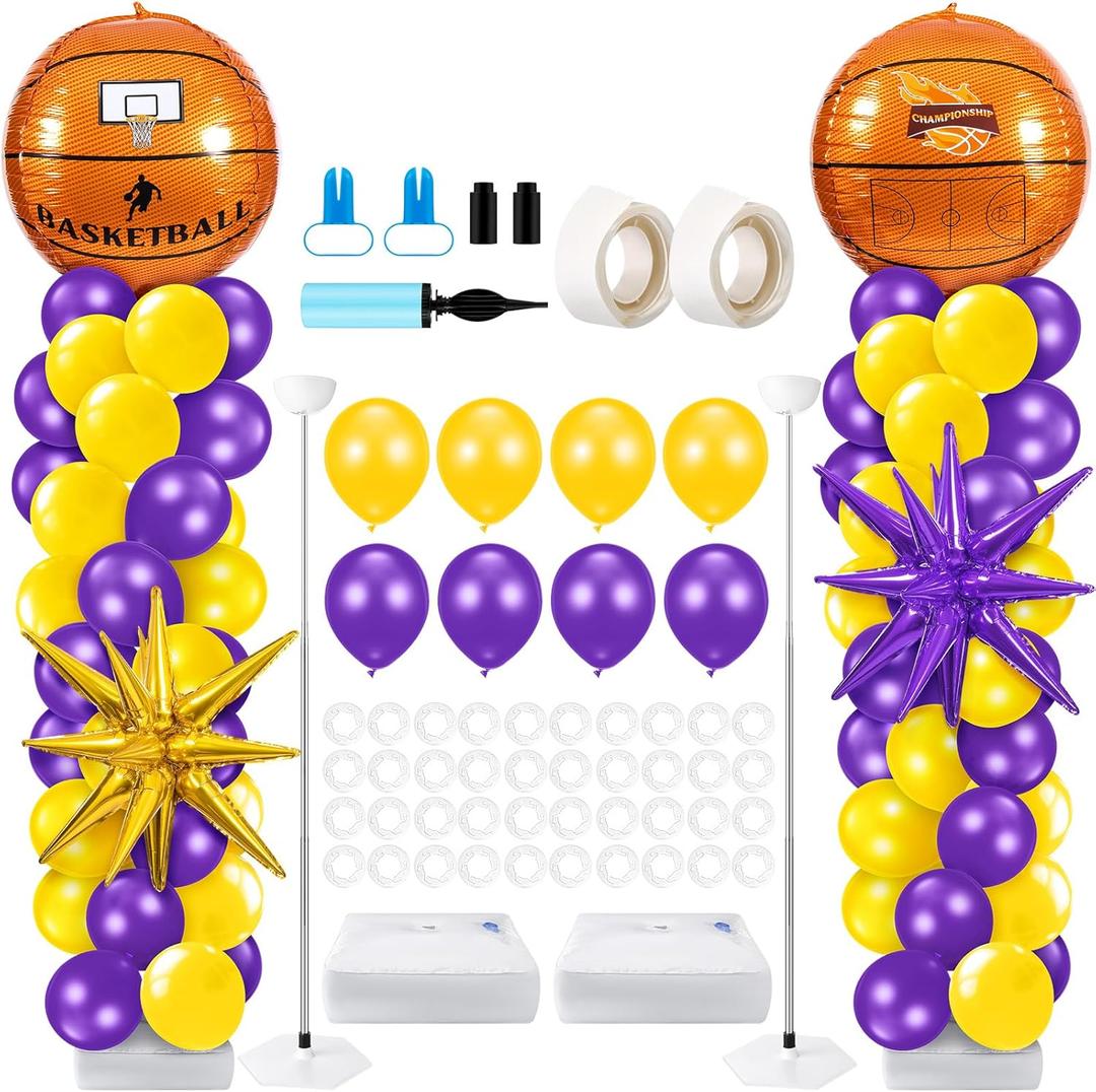 Kasyat 2 Sets Basketball Balloon Column Stand Kit with 4d Basketball Gold Purple Star Foil Balloons, Purple and Yellow Arch Kit for Floor for Graduation Anniversary Decorations