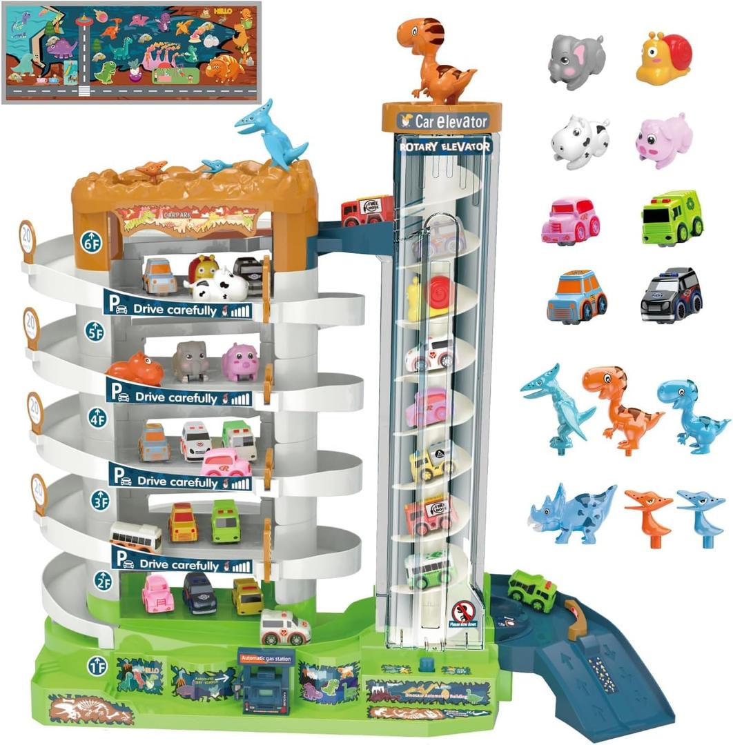 Dinosaur Toy Car Ramp Set - Race Track Garage Playset with Mini Cars & Animal Figures for Kids Aged 3-6 - Gift for Boys Kids Ages 3 to 6 Years Old