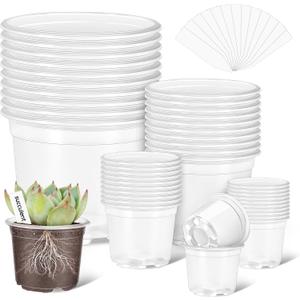 VOKOY 40 Pack 5/4/3/2.75 Inch Clear Nursery Pots with 40 Plant Labels, Clear Plant Pots with Drainage Hole Plastic Transparent Variety Pack Garden Flower Seedling Pot Small Planter Containers