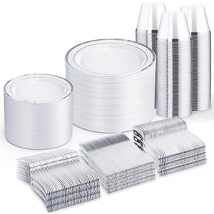 WELLIFE 600 PCS Silver Disposable Dinnerware Set for 100 Guests, Wedding Reception Plates & Silver Plastic Tableware, Dinner & Salad Plates, Cups, Forks, Knives & Spoons for Weddings & Elegant Events