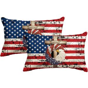 AVOIN colorlife 4th of July Patriotic Stars Eagle Wreath Throw Pillow Cover, 12 x 20 Inch Memorial Day Independence Day Stripes America Flag Decor Cushion Case for Sofa Couch Set of 2