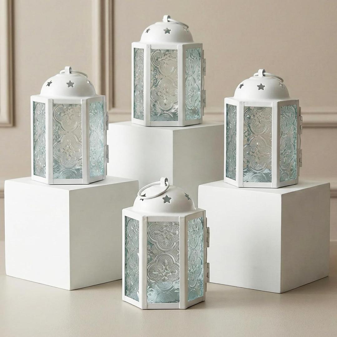 VELA LANTERNS Mini Moroccan Tea Light Candle Holder Lanterns 4.25" Small Decorative Lantern for Table or Hanging, Metal with Glass Panels Ramadan, Wedding, Home Decor, Matte White (Set of 4)