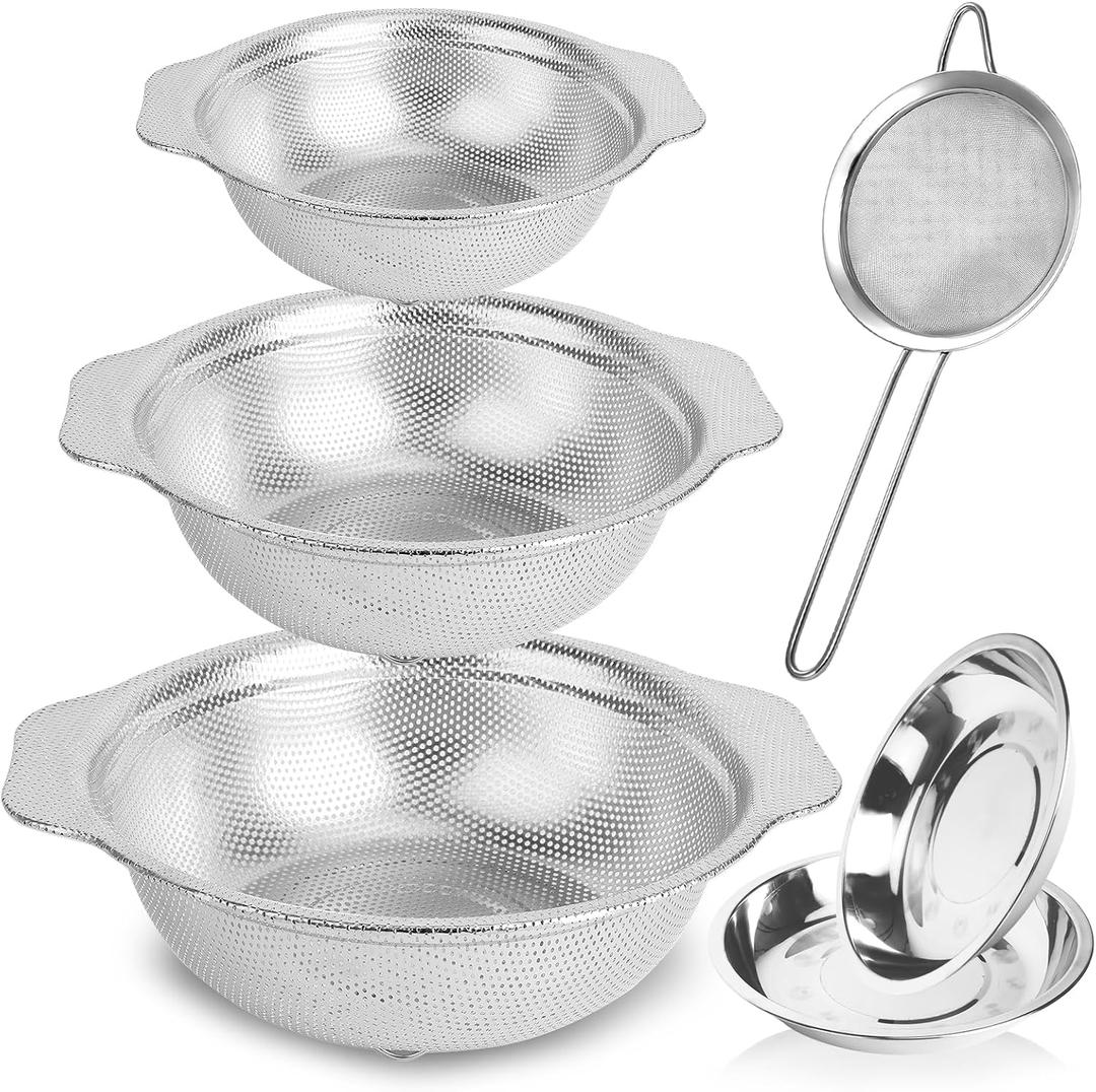 Rice Washer Strainer Bowl,6 Pcs Stainless Steel Colander Set,3QT/4QT/5QT Rice Washer Strainer with 10" Plates,Mesh Strainer for Washing and Draining Vegetables, Fruit, Rice, Pasta,Dishwasher Safe