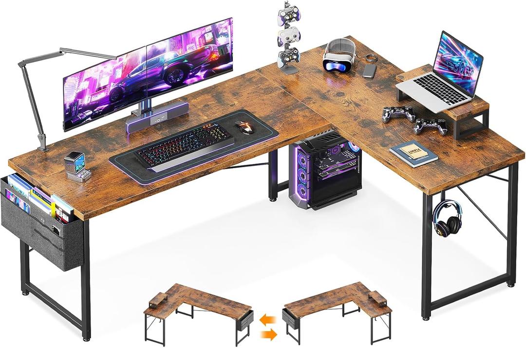 ODK L Shaped Desk, 66" Computer Corner Gaming Desk, Home Office Writing Table with Monitor Shelf, Modern Simple Wooden Table, Easy to Assemble, Vintage