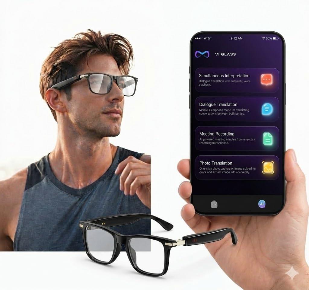 AI Smart Glasses Translation with Photochromic Lenses, Real-Time Language Support, Open-Ear Audio Glasses for Music & Calls, Hands-Free BT Smart Eyewear for Travel, Work & Sports Sunglasses