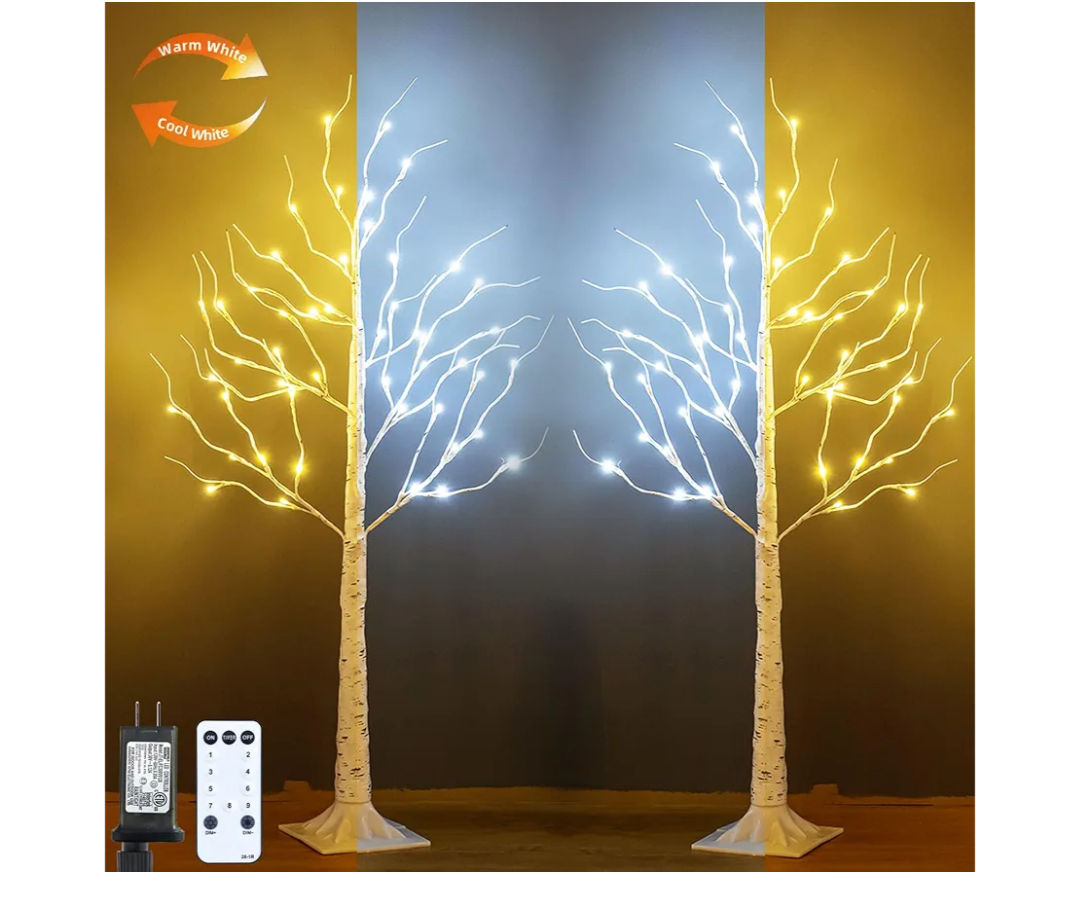 ZHOUDUIDUI Set of 2 Lighted Birch Tree, 4ft 48LED Birch Tree Lights,Artificial Twig Tree Light 9Modes Timer for Indoor Outdoor Christmas Halloween Easter Home Party Wedding Decor,Warm & Cool White