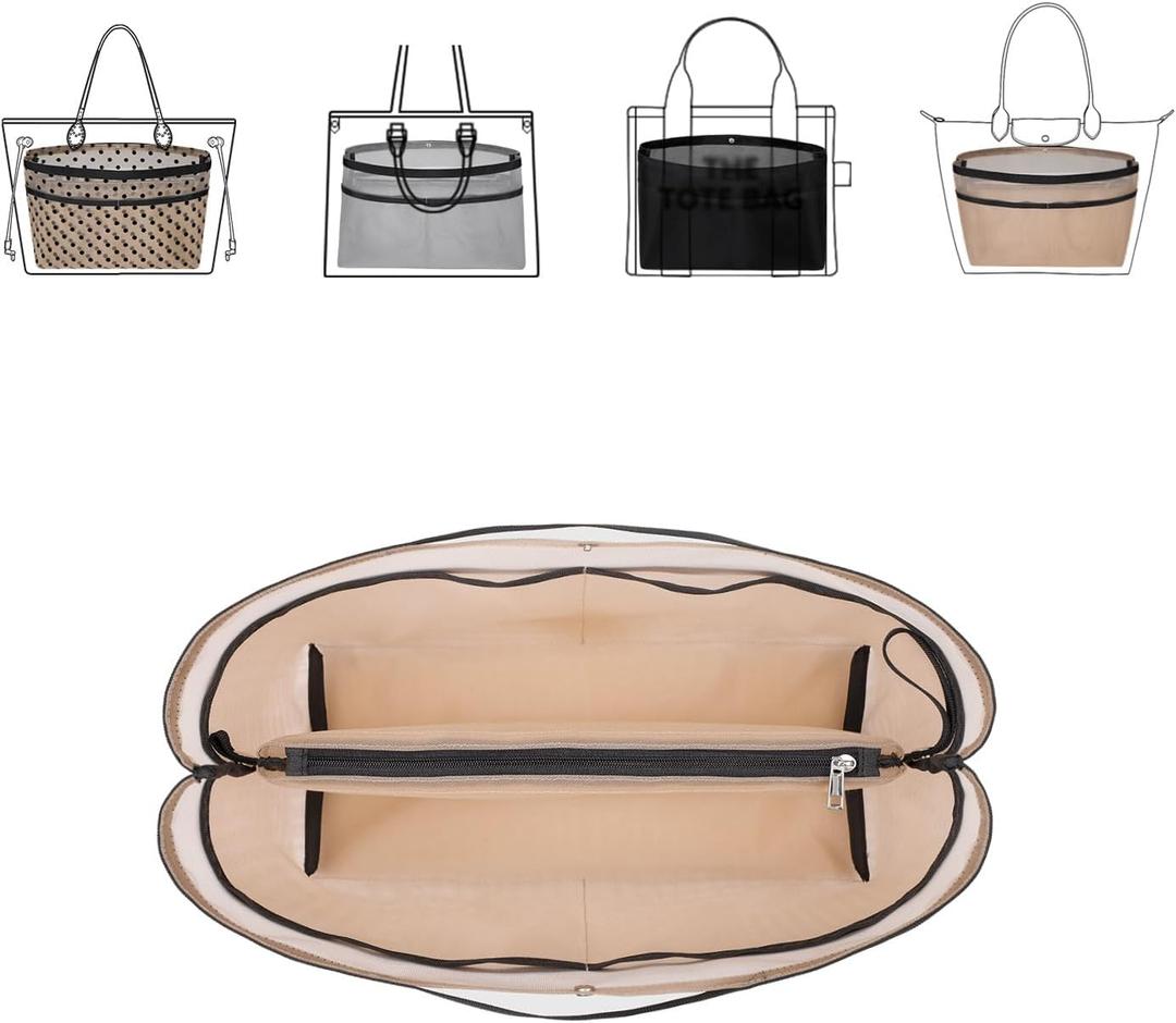 ZTUJO Purse Organizer Insert For Handbags,Mesh Bag Organizer Insert With Zipper Bag Tote Shaper Fit Speedy Neverful PM MM le Pliage,Light Weights (Beige, Large)