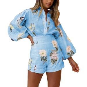 Molilove Womens 2 Piece Outfit Hawaiian Long Sleeve Button Down Shirt Shorts Tracksuit Lounge Set Shorts Set (Small, Blue)
