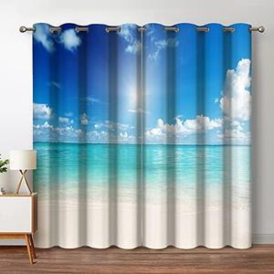 Jekeno Ocean Blackout Curtains Tropical Beach Blue Sky Cloud Sunshine Seascape Ocean Decor for Bedroom Living Room Grommet Window Drapes 4 Panel Set, 42"x63"