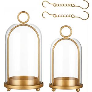 GYKLE Set of 2 Candle Lantern Set - Vintage Brass Candle Holders with Thick Glass Domes (5.25"x10" & 4.5"x7.87"), Perfect for Pillar Candles, Floral Arrangements, and Vintage Home Accents