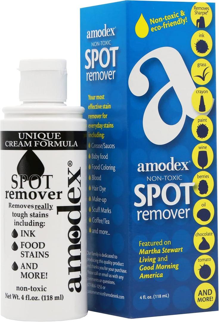 Amodex Ink & Spot Remover for Clothes, Leather and Skin - Removes Ink, Ballpoint, Sharpie, Grease and More, Works on Set-in Stains, Gentle but Powerful, 4oz/120ml Bottle
