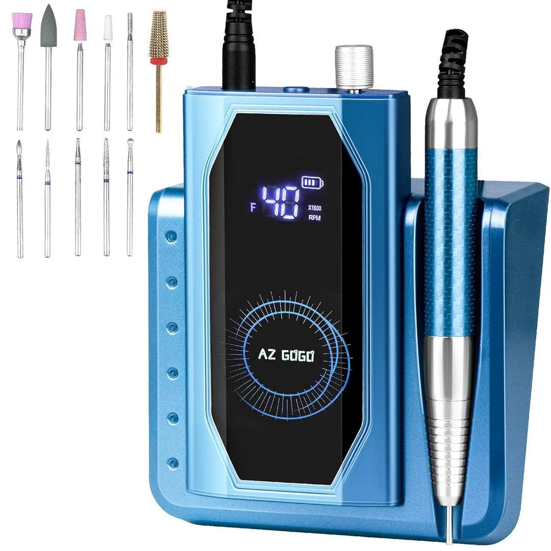 Professional Brushless Nail Drill, AZ GOGO 85W Cordless Electric Nail File 40000RPM Rechargeable Portable Nail Drill Machine for Gel/Acrylic Nails Salon Level (Blue)