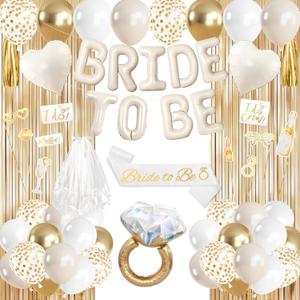Amandir Bachelorette Balloons Decorations, White Sand Bridal Shower Balloon Decorations Foil Ring Gold Cream White Heart Balloon To Be Sash Veil Photo Booth Props for Engagement Wedding