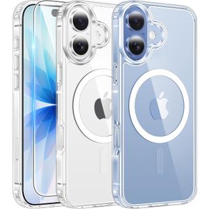 FNTCASE for iPhone 17 Case Clear: Magnetic Phone Cases with Screen Protector Drop Proof Compatible with Magsafe Slim Anti Yellowing Rugged Shockproof Protective Transparent Cell Cover (A-Clear)