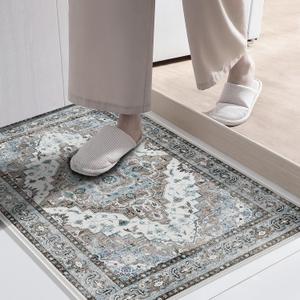 Washable Area Rug - 2x3 Small Entryway Rug Front Indoor Doormat, Vintage Distressed Entrance Thin Rug Non Slip Carpet for Kitchen Bathroom Bedroom (Beige & Taupe)