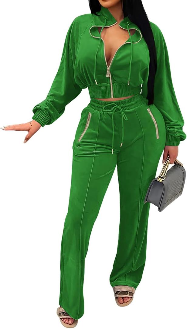 Adogirl Women 2 Piece Outfits Velour Sweatsuit Jogging Suit Full Zipper Sweatshirt + Wide Leg Sweatpants Tracksuit Lounge Set (Medium, Green)