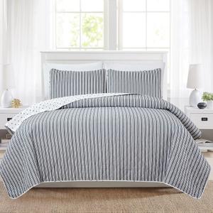 Market & Place 3 Piece Reversible Quilt Set with Shams | All-Season Soft & Lightweight Bedspread with Modern Striped Pattern | Nora Collection (King, White/Grey)