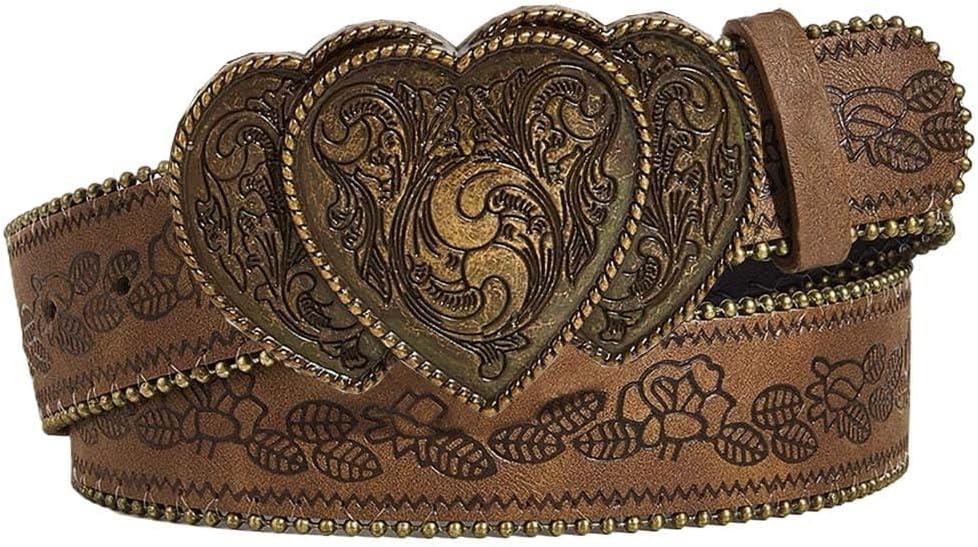 Women Western Belt with Heart Embossed Buckle Vintage Brown Belt for Jeans Pant Dress Cowgirl Cowboy Belts