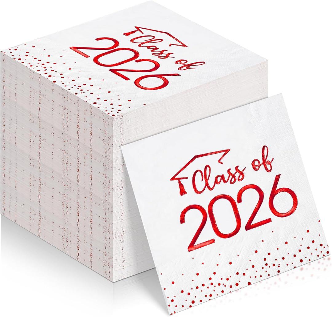 100Pcs Class of 2026 Graduation Napkins, Disposable Congrats Grad Paper Cocktail Napkins Square Foil Dot Hand Towels for 2026 School University College Graduation Party DecorationsRed