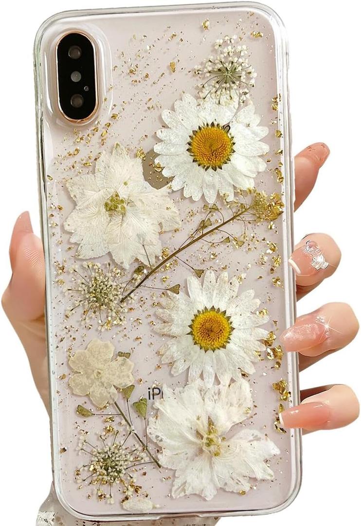 for iPhone X/iPhone Xs Clear Case with Pressed Real Flowers Design,Glitter Cute White Floral Pattern Slim Soft TPU Protective Women Girl's Phone Cover for iPhone X/Xs