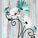HVEST Teal Daisy Wall Art Vintage Flower and Butterfly on Rustic Wooden Abstract Painting Farmhouse Plant Wall Art for Bathroom Living Room Bedroom Kitchen Decor Ready to Hang, 16Lx12W Inches