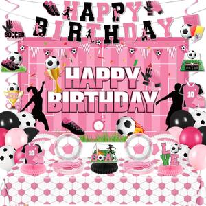 Pink Soccer Decorations for Girls Soccer Happy Birthday Banner Backdrop Balloons Football Plates Napkins Tablecloth Honeycomb Centerpieces Hanging Swirls Decor for Women Sports Party Supplies Serves10
